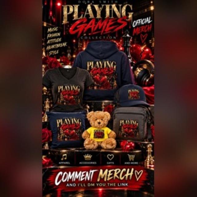 Promotional image for Dora Smith's Playing Games official merchandise collection, featuring a hoodie, T-shirt, cap, backpack, pillow, and teddy bear with red, black, and gold designs inspired by her music.