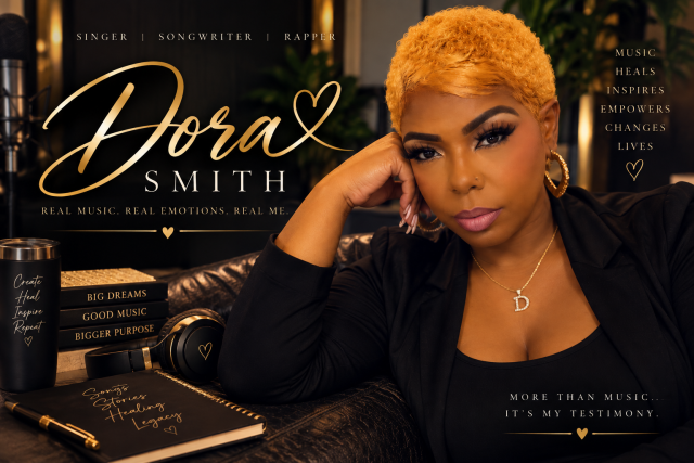 Independent recording artist Dora Smith seated in a professional promotional photo