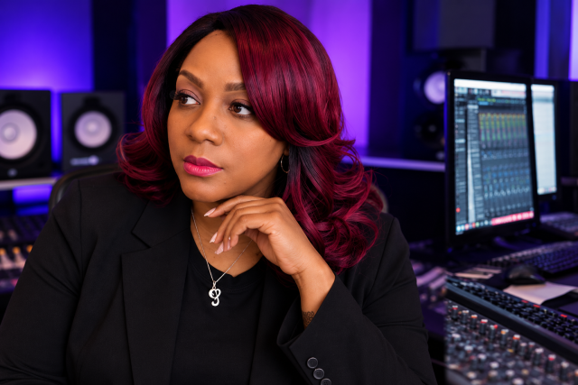Q The Muziq, professional audio engineer and songwriter, photographed in a recording studio.